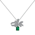 Silver Zircon Emerald Cut Bow Knot Pendant Necklace