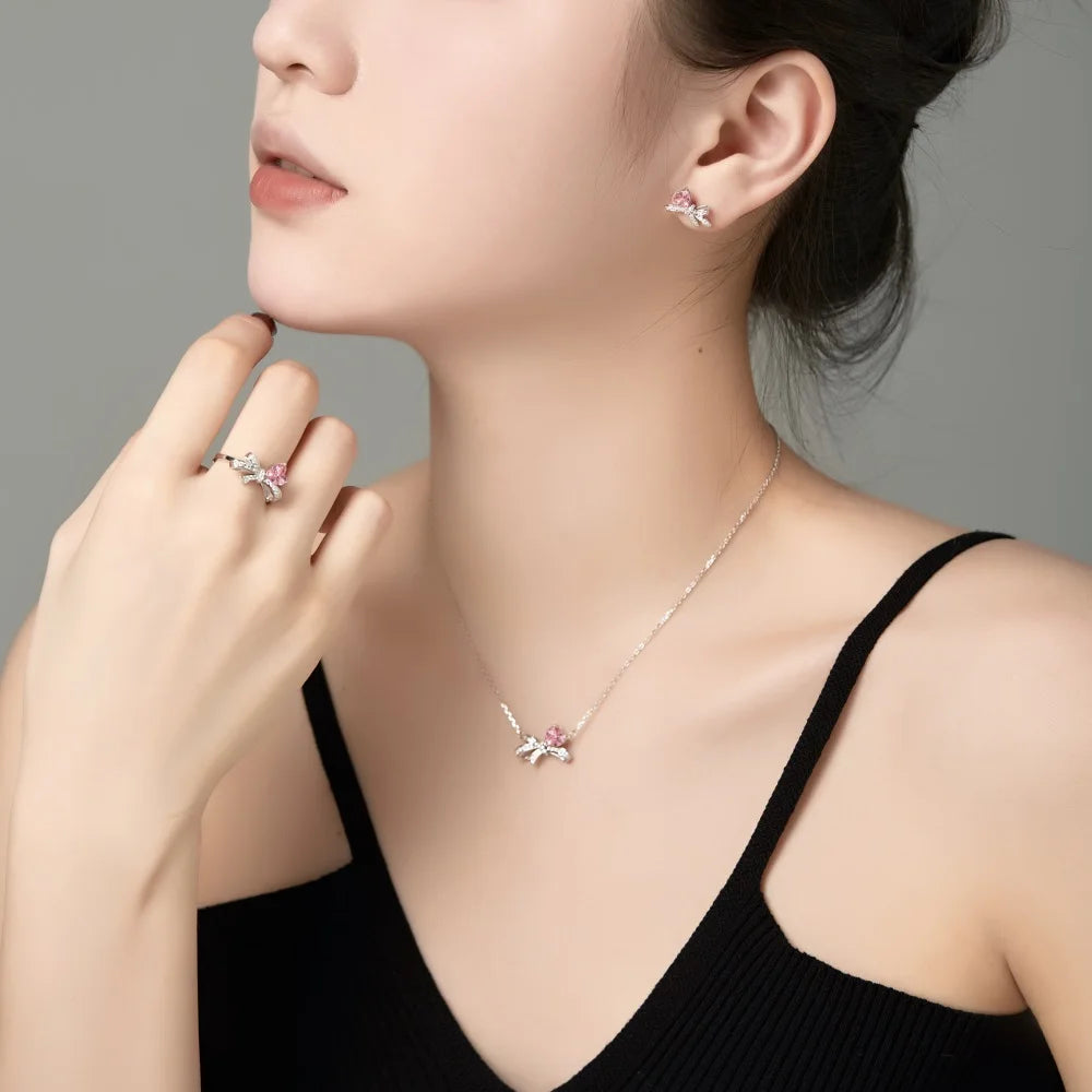 Silver Zircon Heart Cut Bow Knot Pendant Necklace