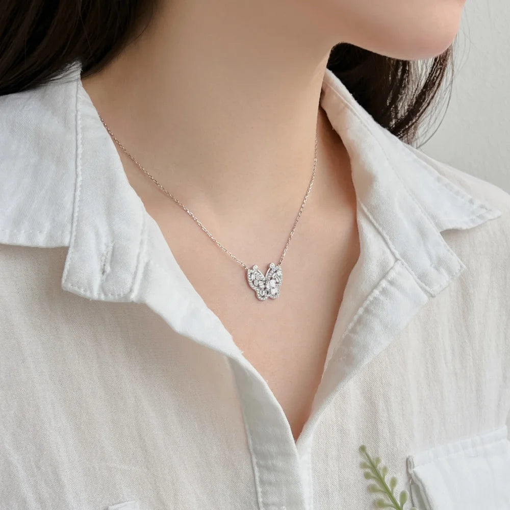 Silver Zircon Marquise Cut Iced Butterfly Pendant Necklace