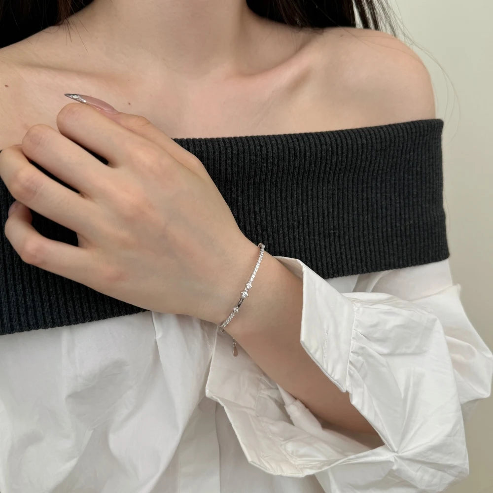 Silver Zircon Round Cut Link Bangle Bracelet