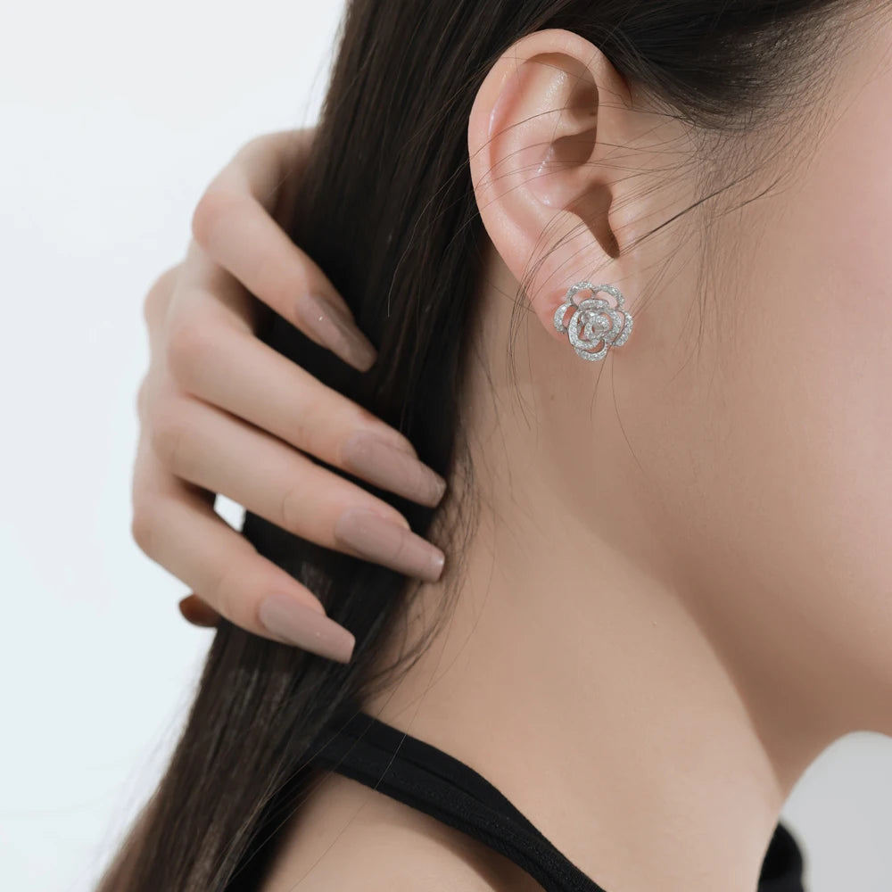 Silver Zircon Round Cut Inlaid Flower Ear Studs