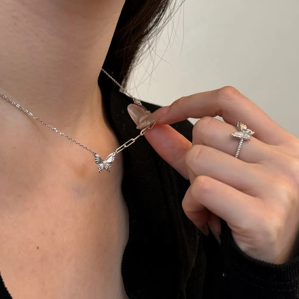 Silver Zircon Marquise Cut Single Butterfly Pendant Necklace