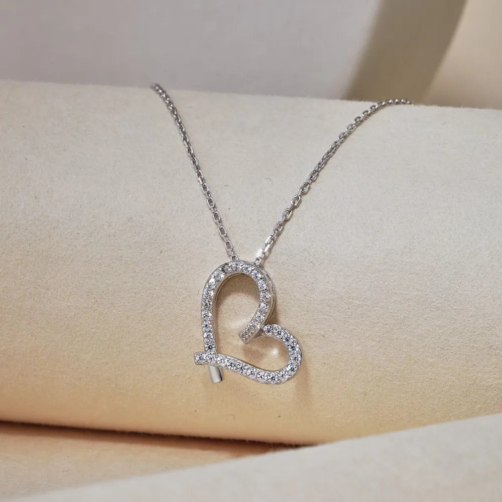 Silver Zircon Round Cut Inlaid Hollow Heart Pendant Necklace
