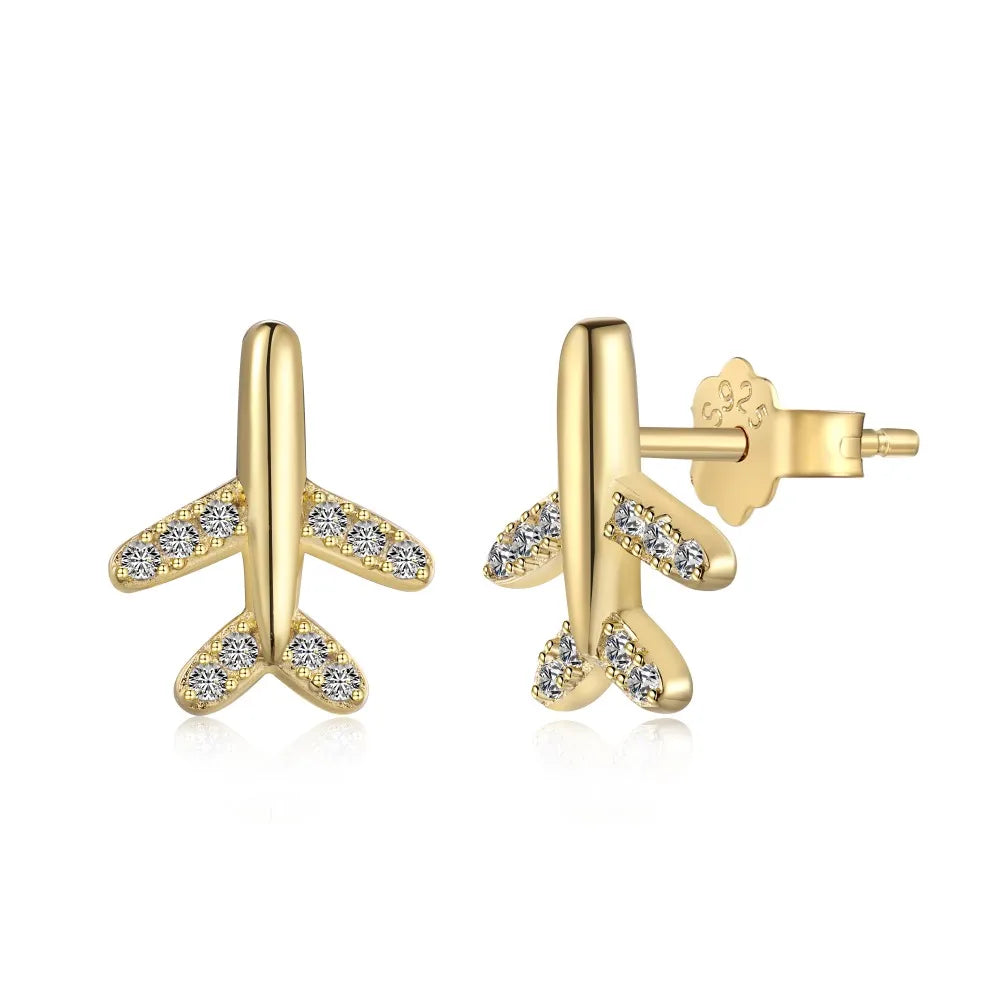 Silver Zircon Round Cut Inlaid Plane Ear Studs