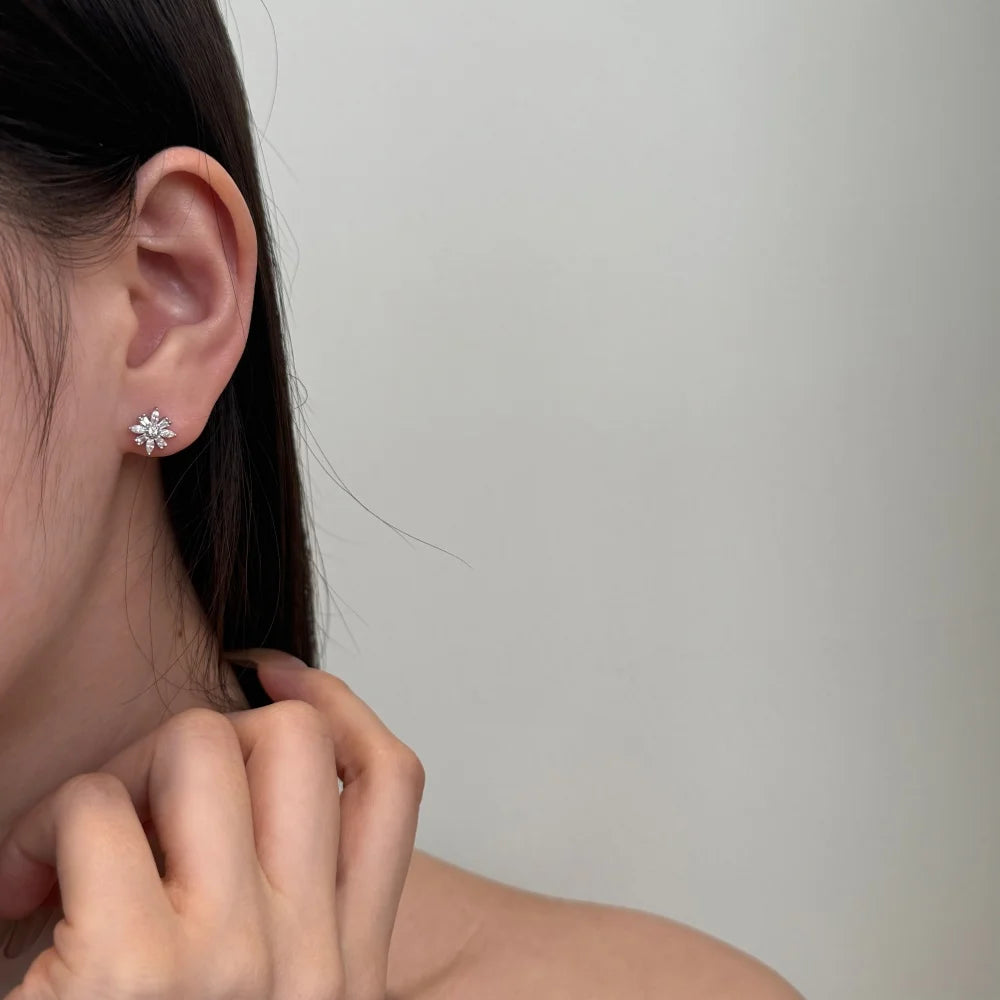 Silver Zircon Tapered Baguette Cut Snowflake Ear Studs
