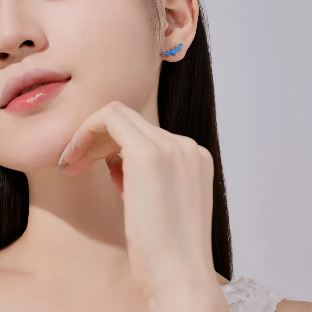 Silver Opal Round Cut Layered Ear Studs