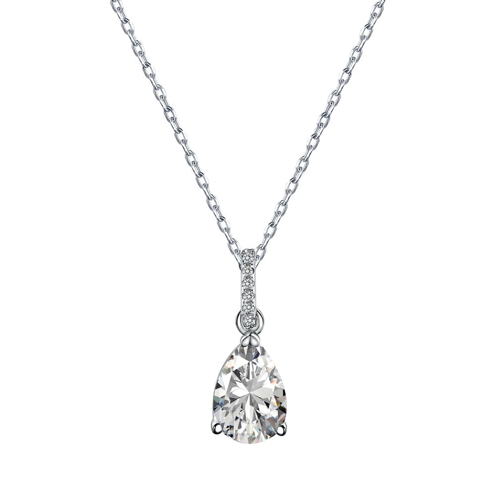 Silver Zircon Pear Cut Water Drop Pendant Necklace