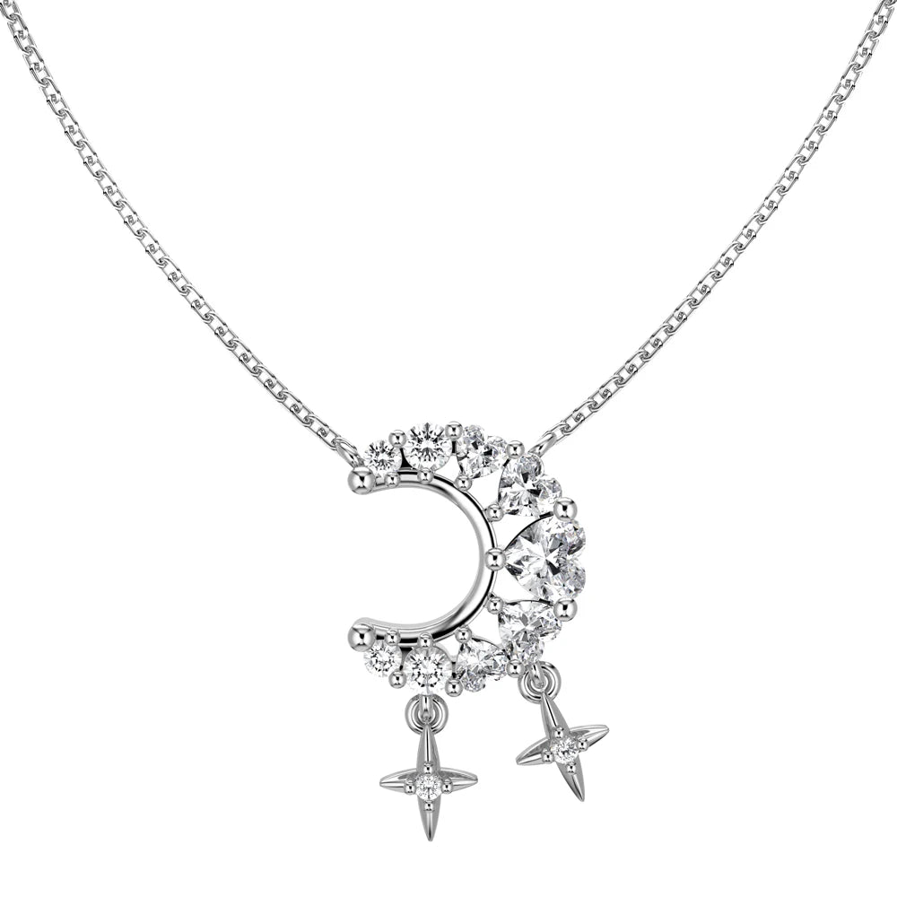 Silver Zircon Heart Cut Crescent Pendant Necklace