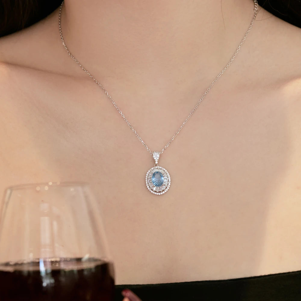 Silver Zircon Oval Cut Inlaid Halo Orb Pendant Necklace