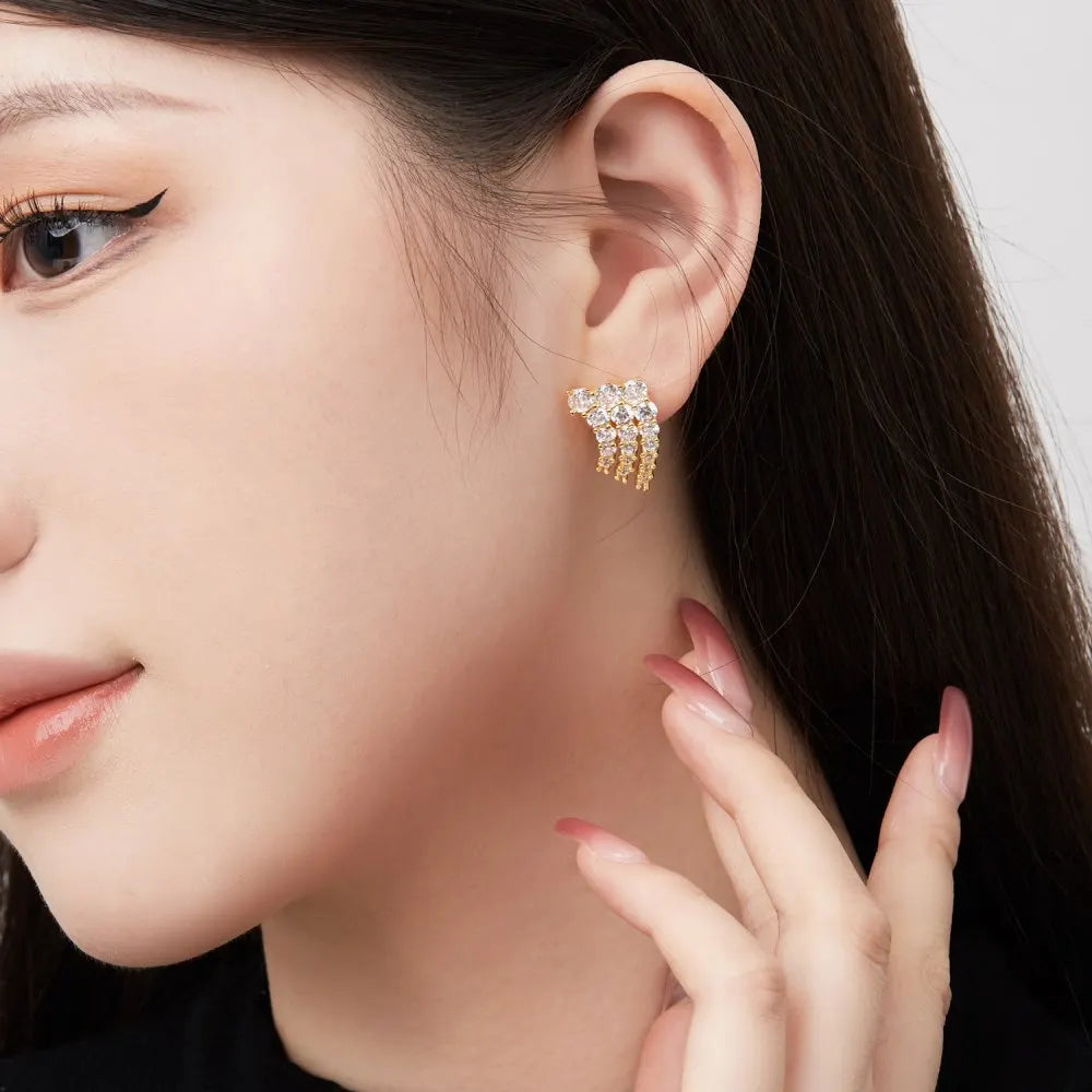 Silver Zircon Round Cut Tassel Ear Studs