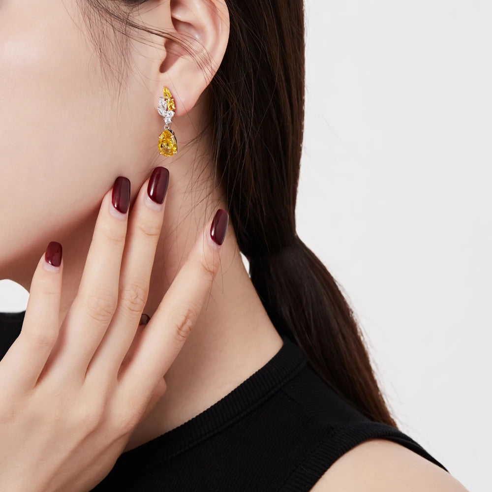 Silver Zircon Pear Cut Leaf Drop Earrings