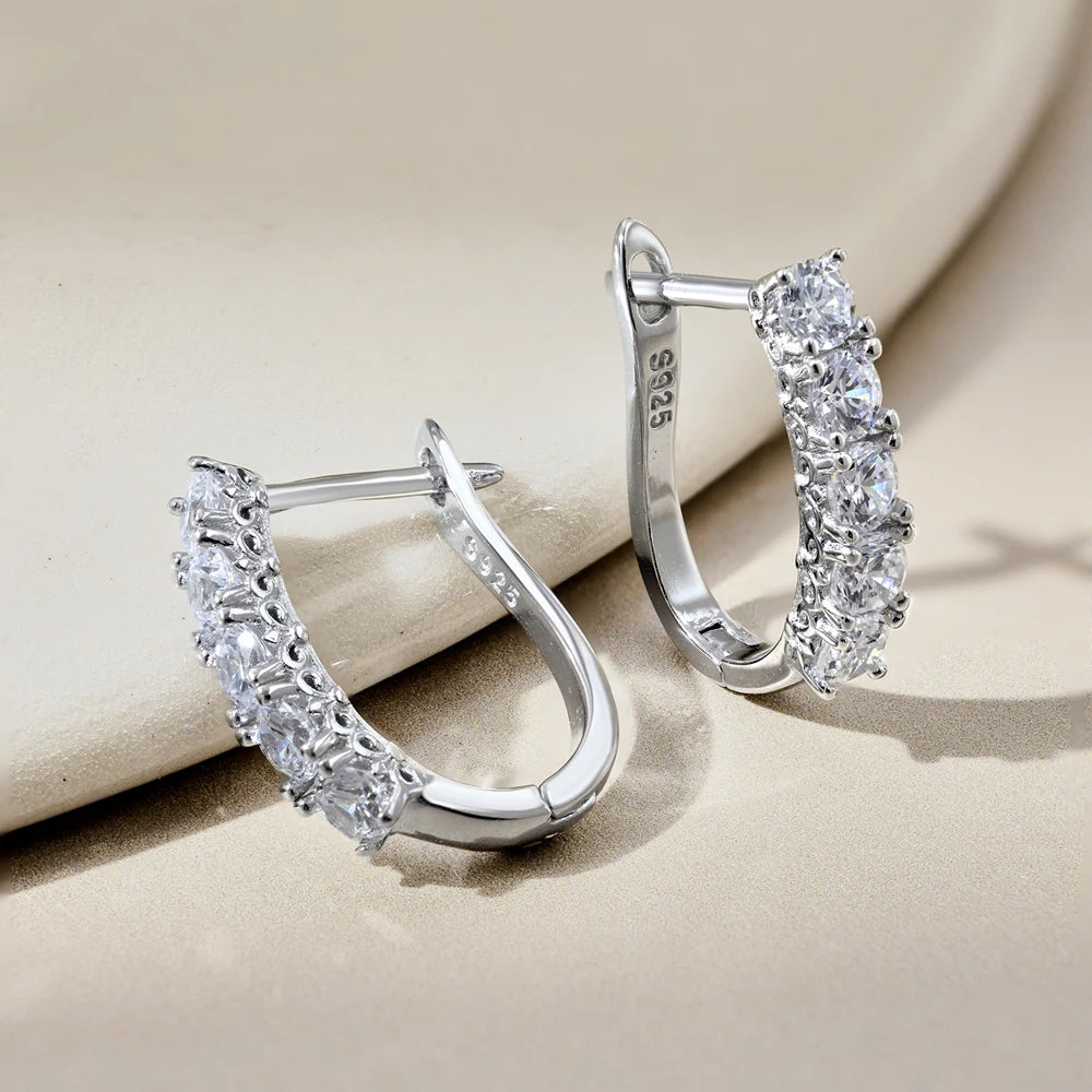 Silver Zircon Round Cut Curved Inlaid Ear Hoops