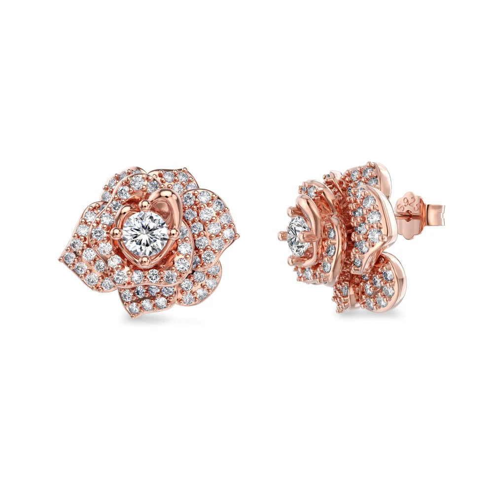 Silver Zircon Round Cut Iced Rose Ear Studs