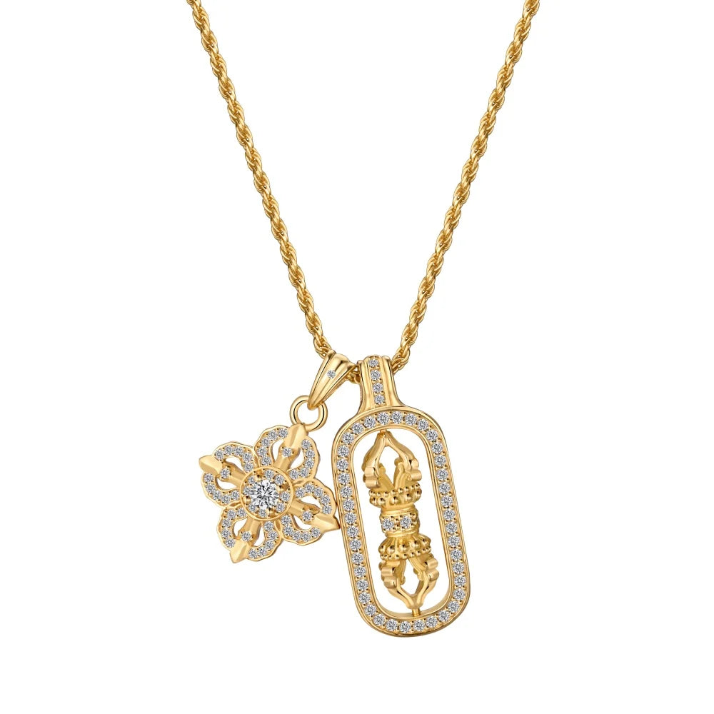 Silver Zircon Round Cut Lotus & Vajra Talisman Pendant Necklace