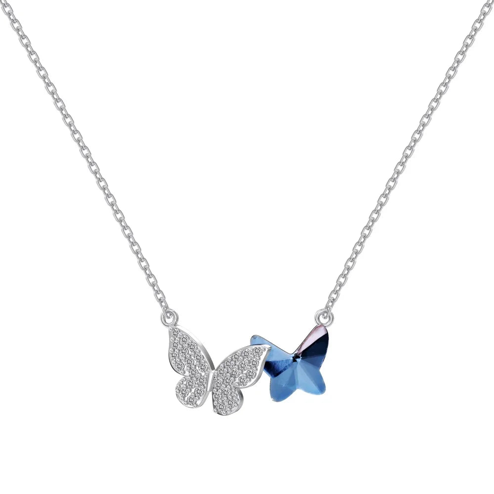 Silver Zircon Round Cut Duel Butterfly Pendant Necklace