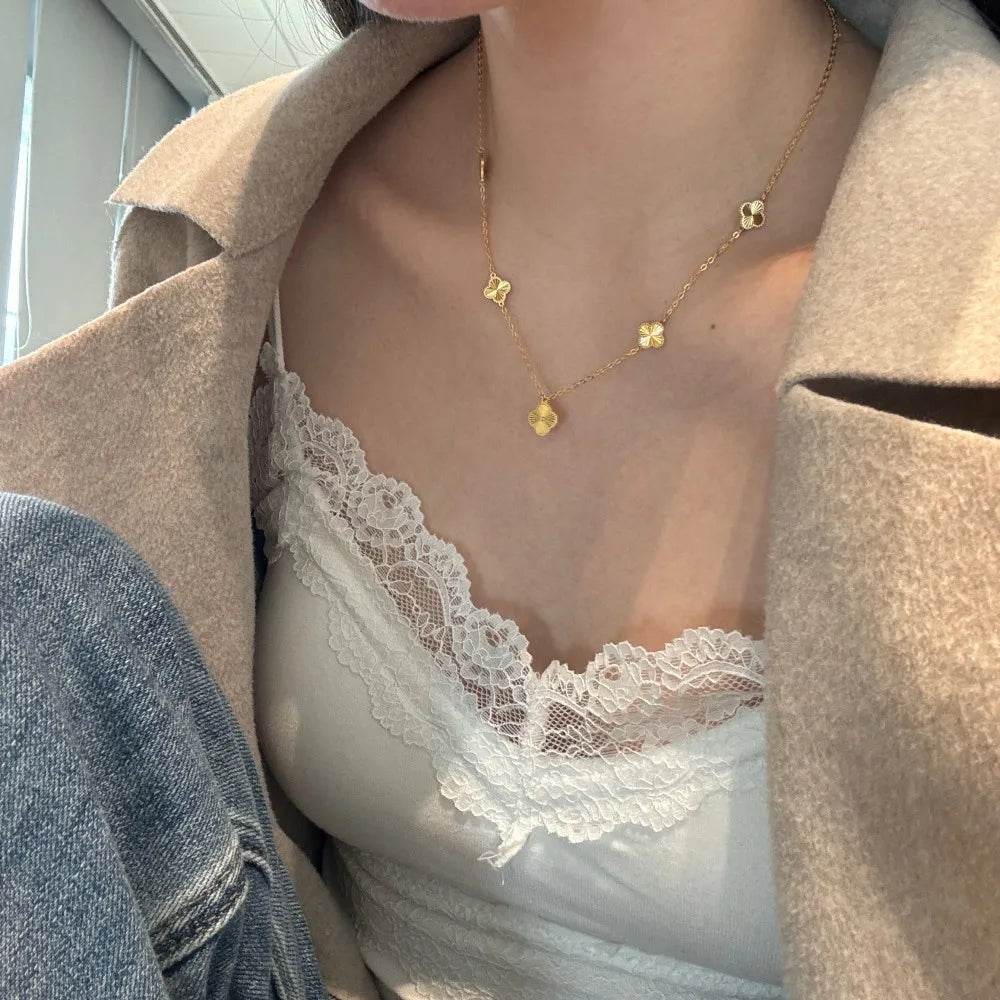 Silver Big Layered Clover Chain Necklace