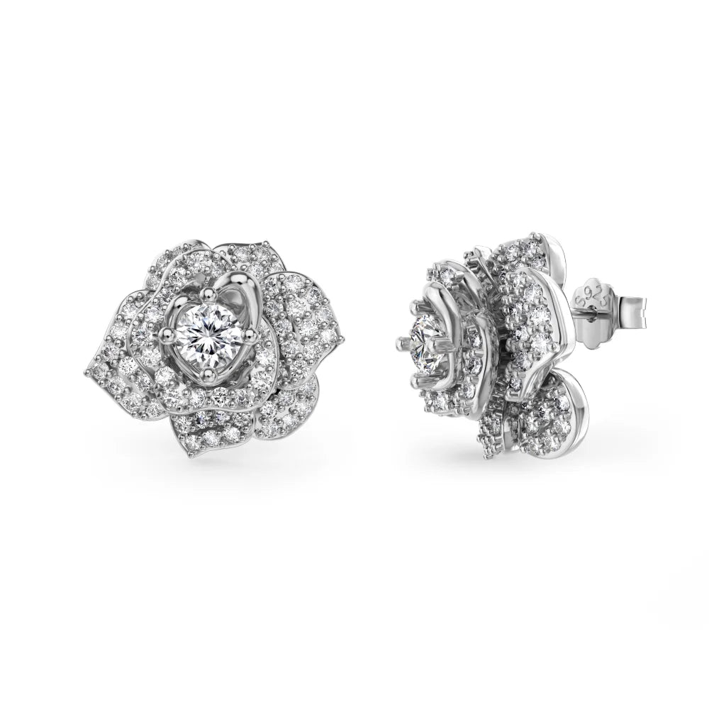 Silver Zircon Round Cut Iced Rose Ear Studs
