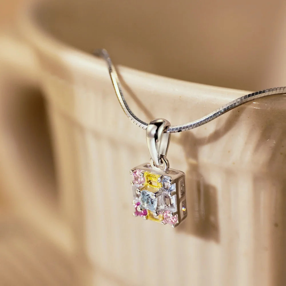 Silver Zircon Princess Cut Cube Pendant Necklace