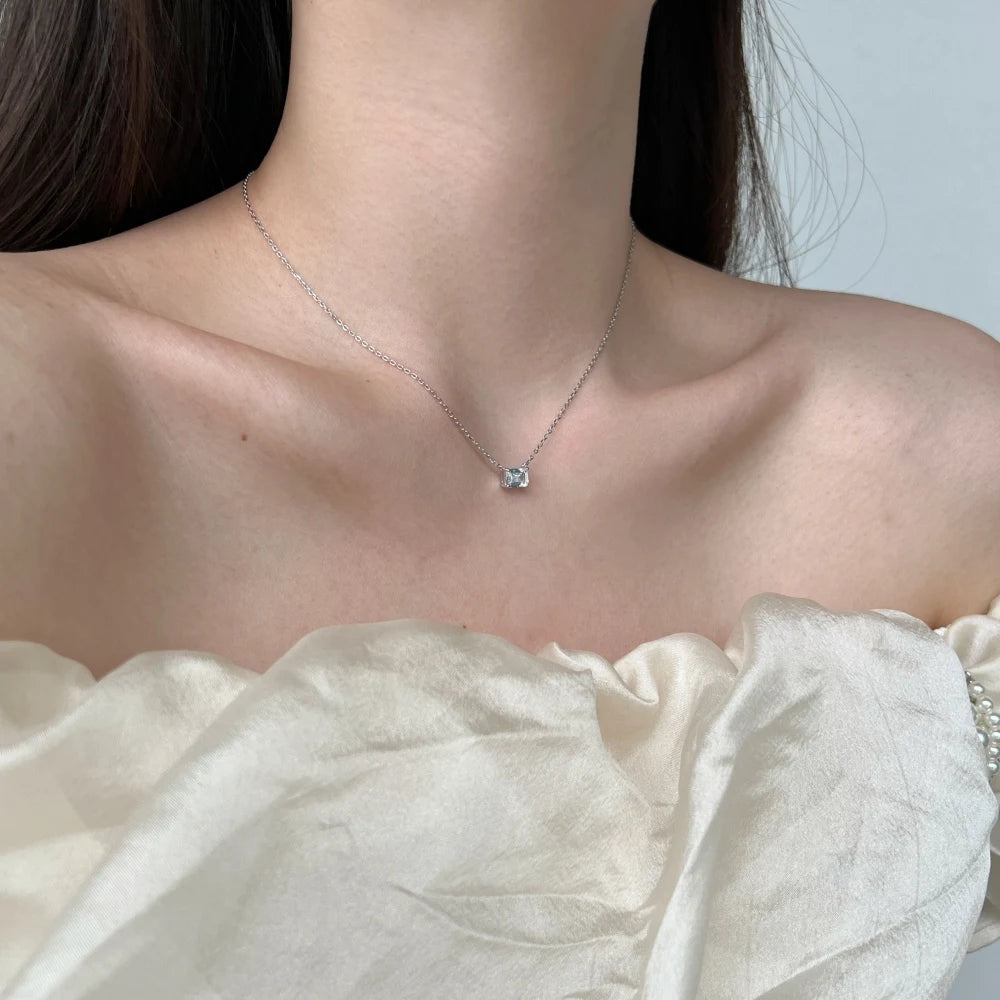 Silver Zircon Emerald Cut Single Pendant Necklace