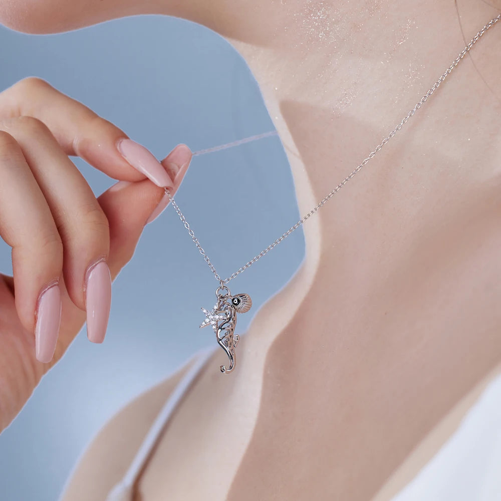 Silver Zircon Round Cut Seahorse Pendant Necklace