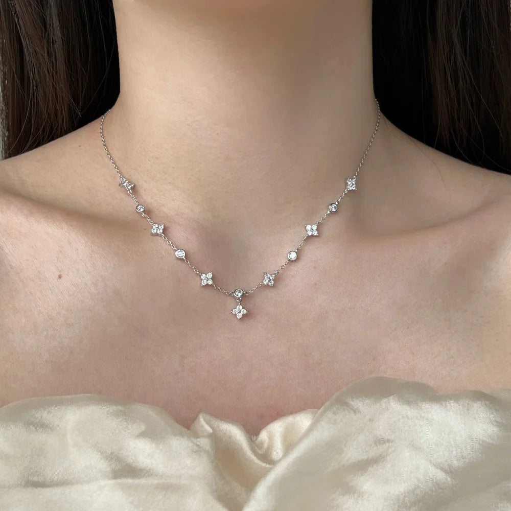 Silver Zircon Round Cut Star Chain Necklace