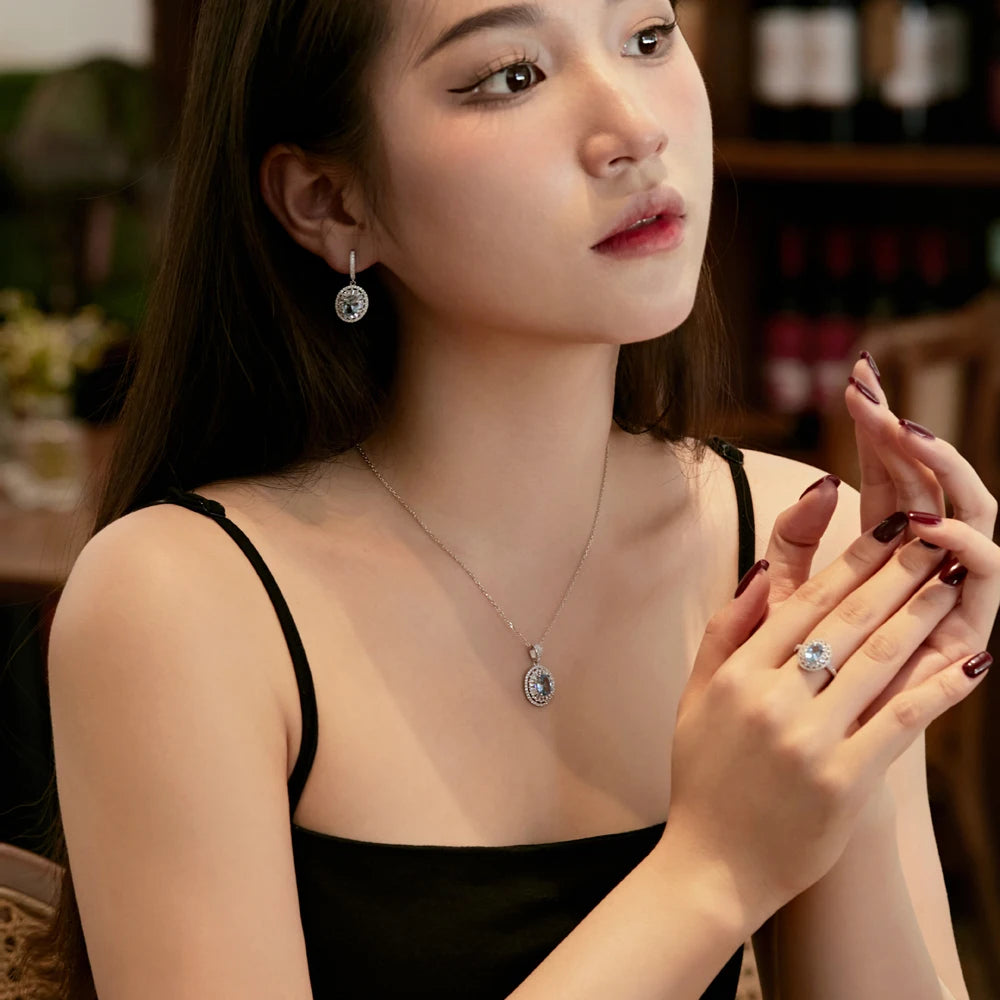 Silver Zircon Oval Cut Inlaid Halo Orb Pendant Necklace