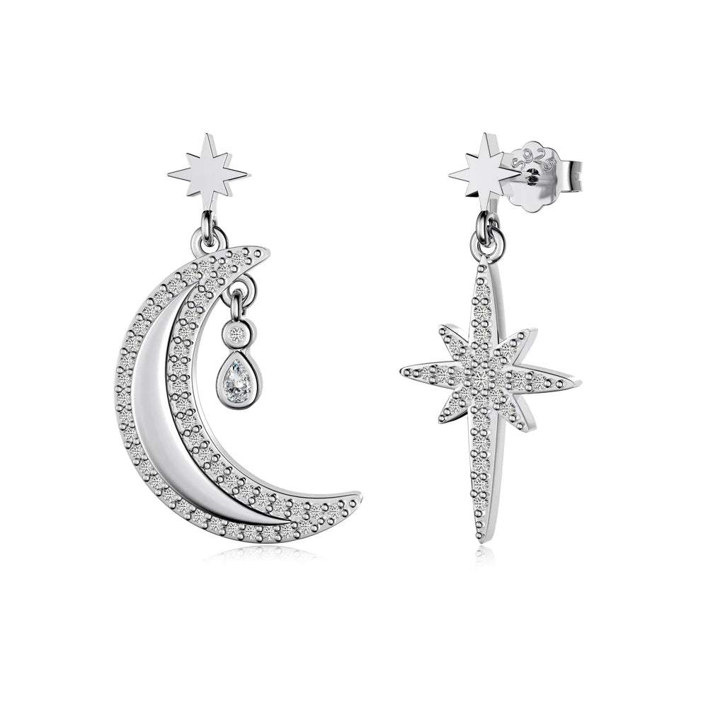 Silver Zircon Pear Cut Crescent Star Dangle Drop Earrings