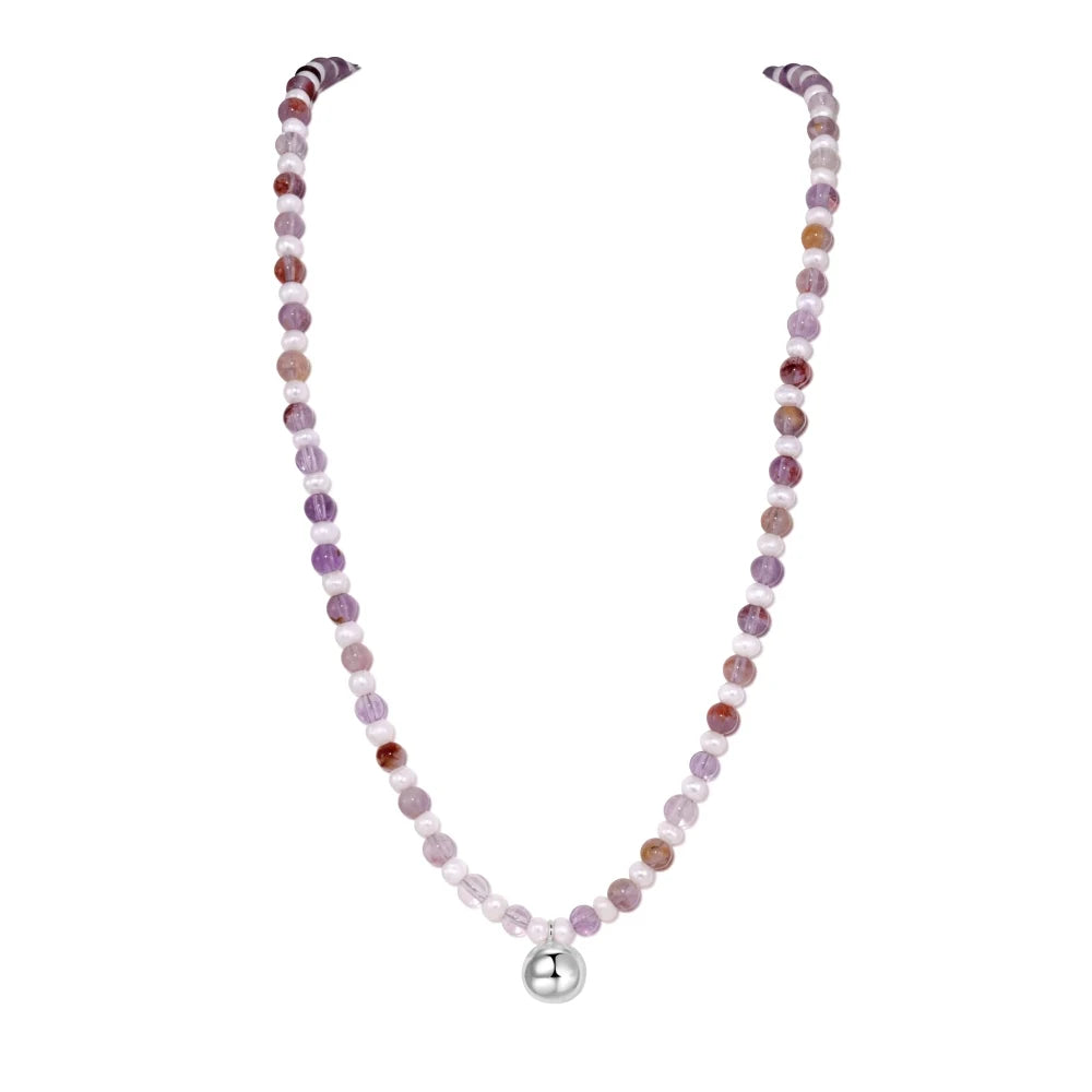 Silver Amethyst Round Cut Classic Beaded Necklace