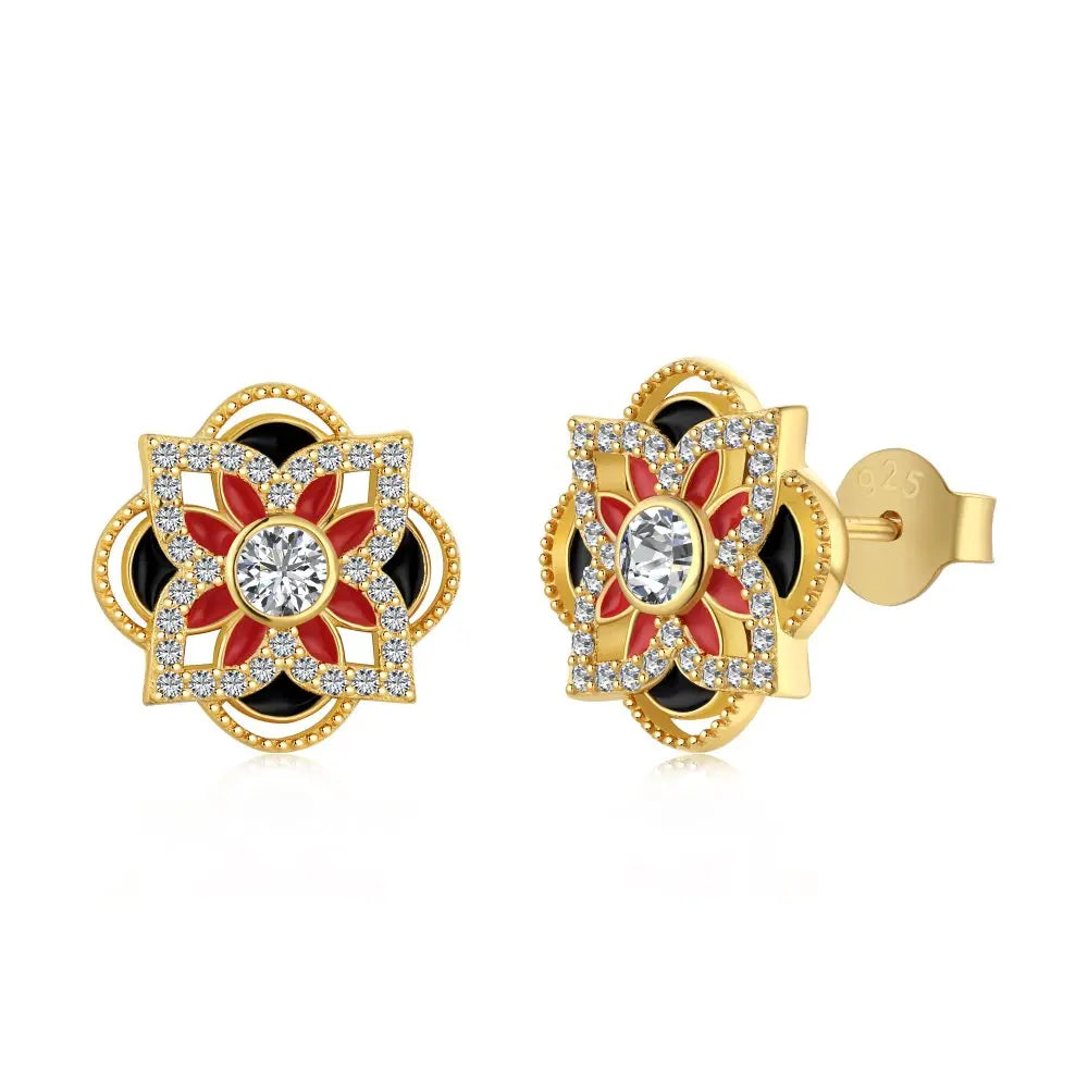 Silver Zircon Round Cut Clover Flower Ear Studs