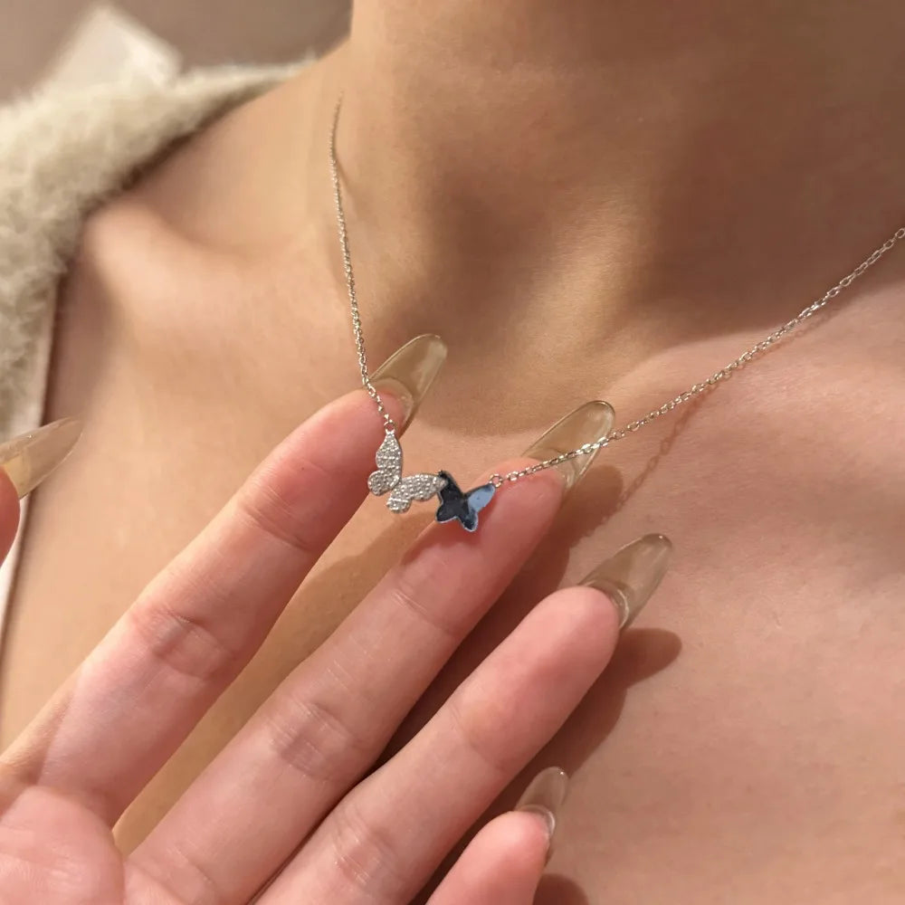 Silver Zircon Round Cut Duel Butterfly Pendant Necklace