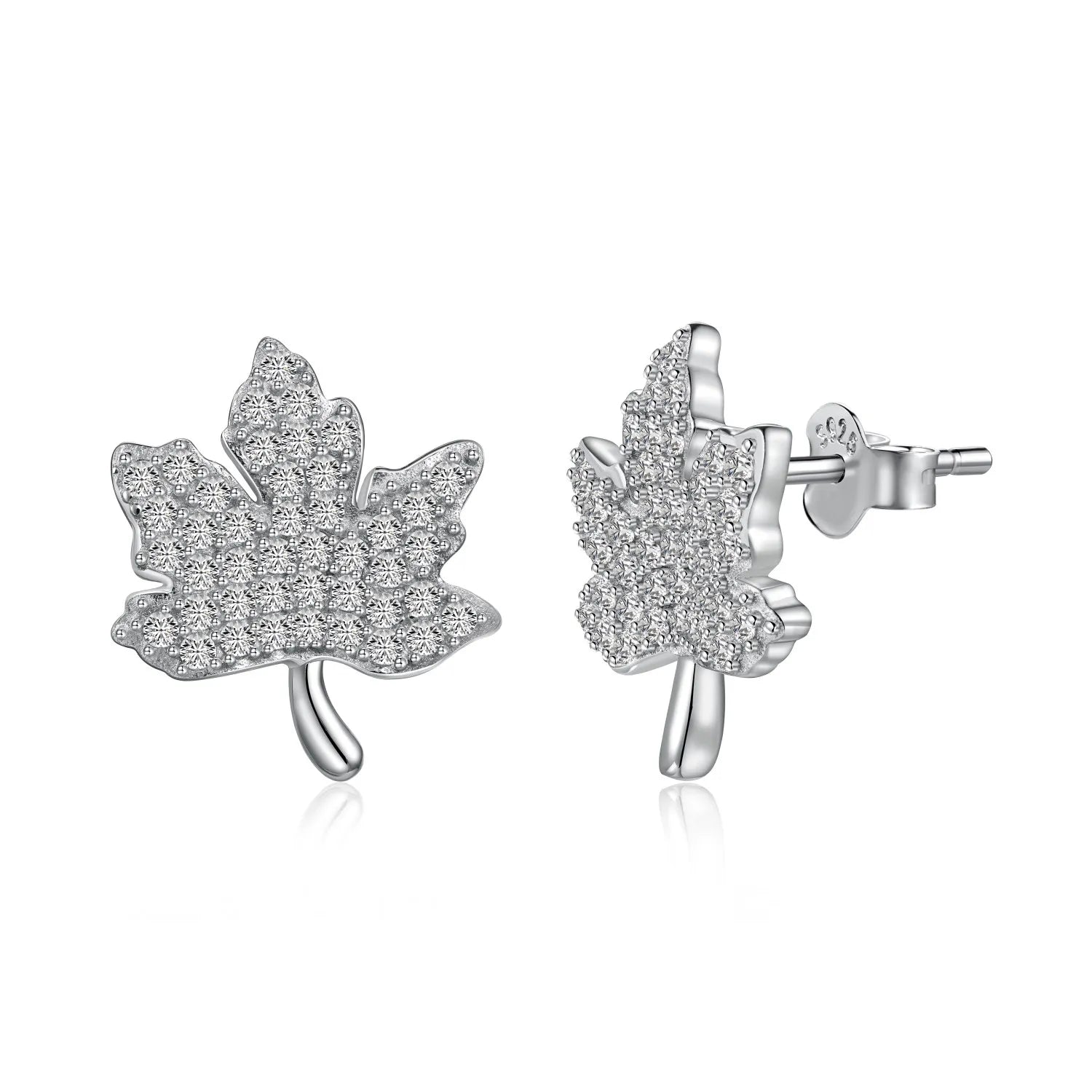 Silver Zircon Round Cut Maple Leaf Ear Studs