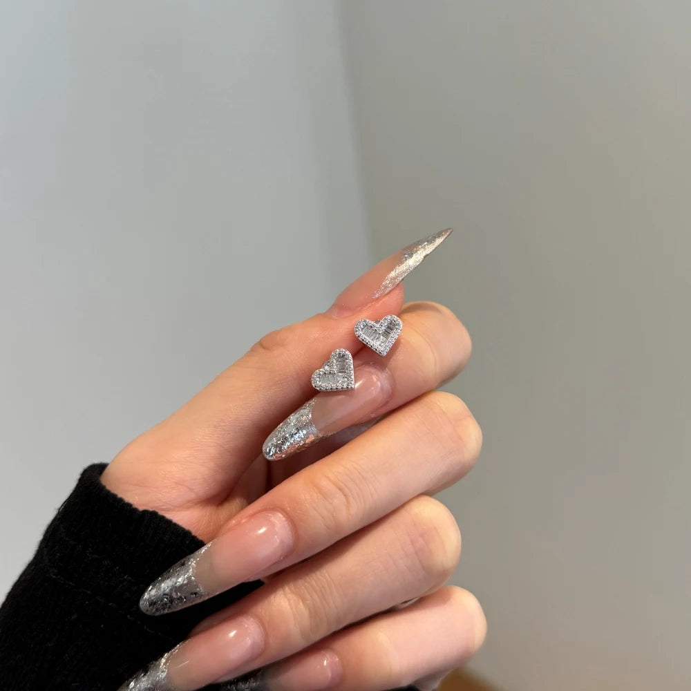 Silver Zircon Princess Cut Inlaid Heart Ear Studs