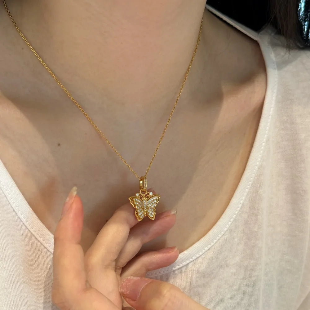 Silver Zircon Round Cut Iced Butterfly Pendant Necklace