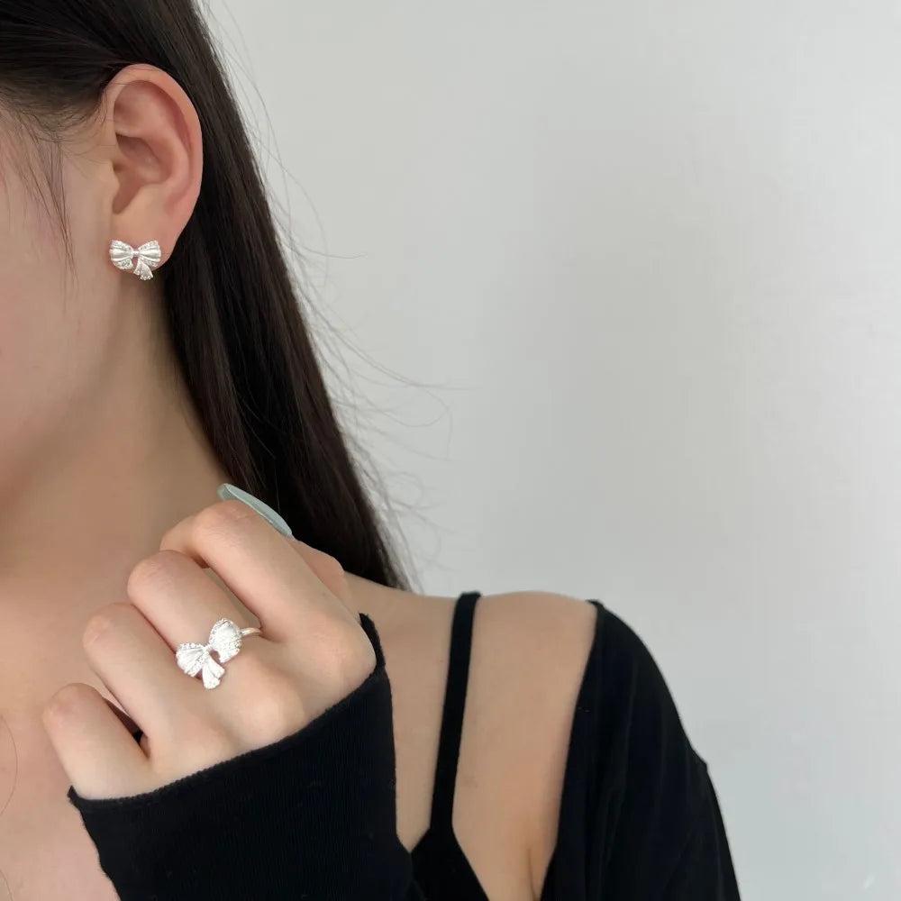 Silver Zircon Round Cut Bow Tie Ear Studs
