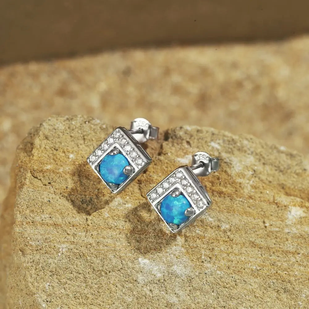 Silver Opal Round Cut Squared Ear Studs