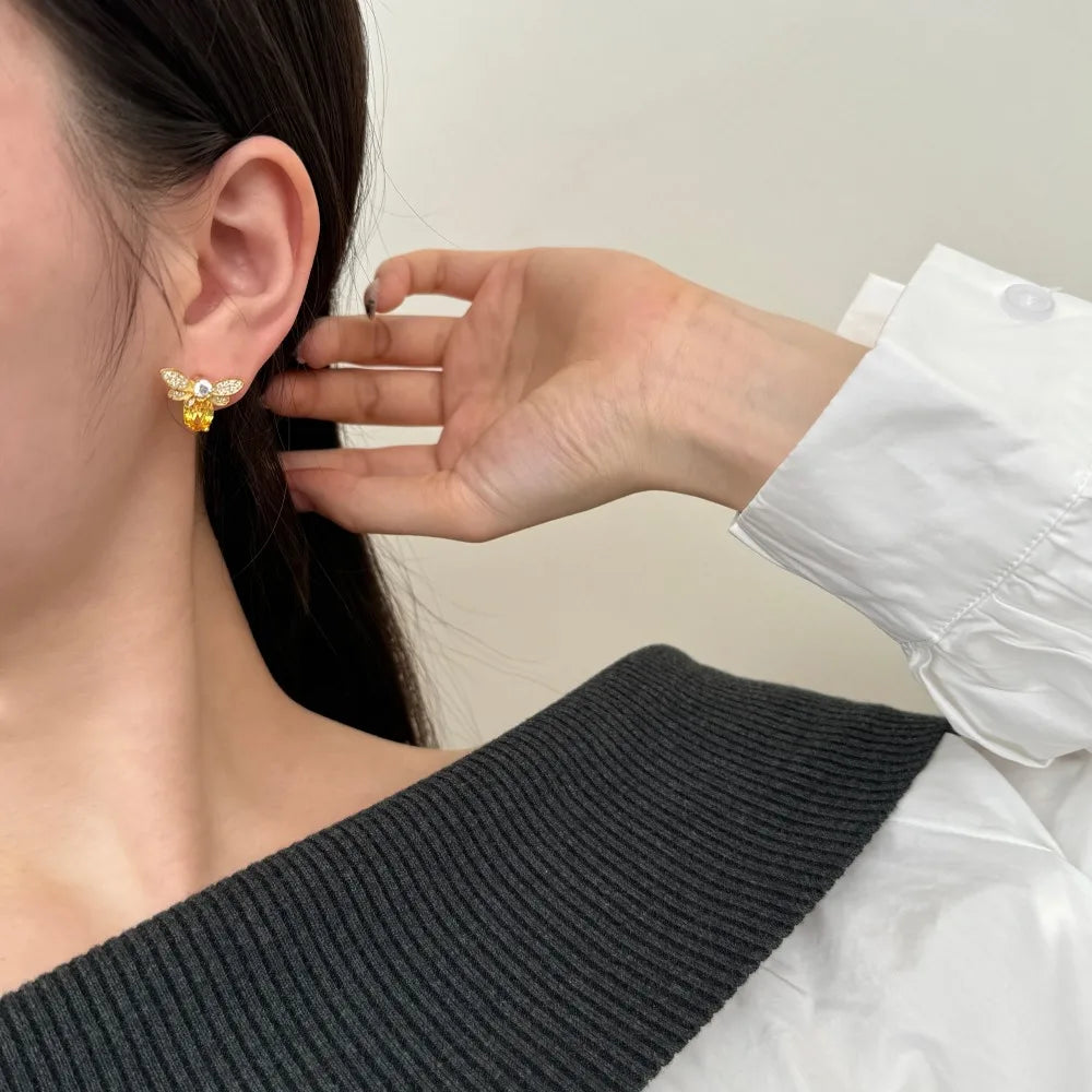 Silver Zircon Oval Cut Bee Ear Studs