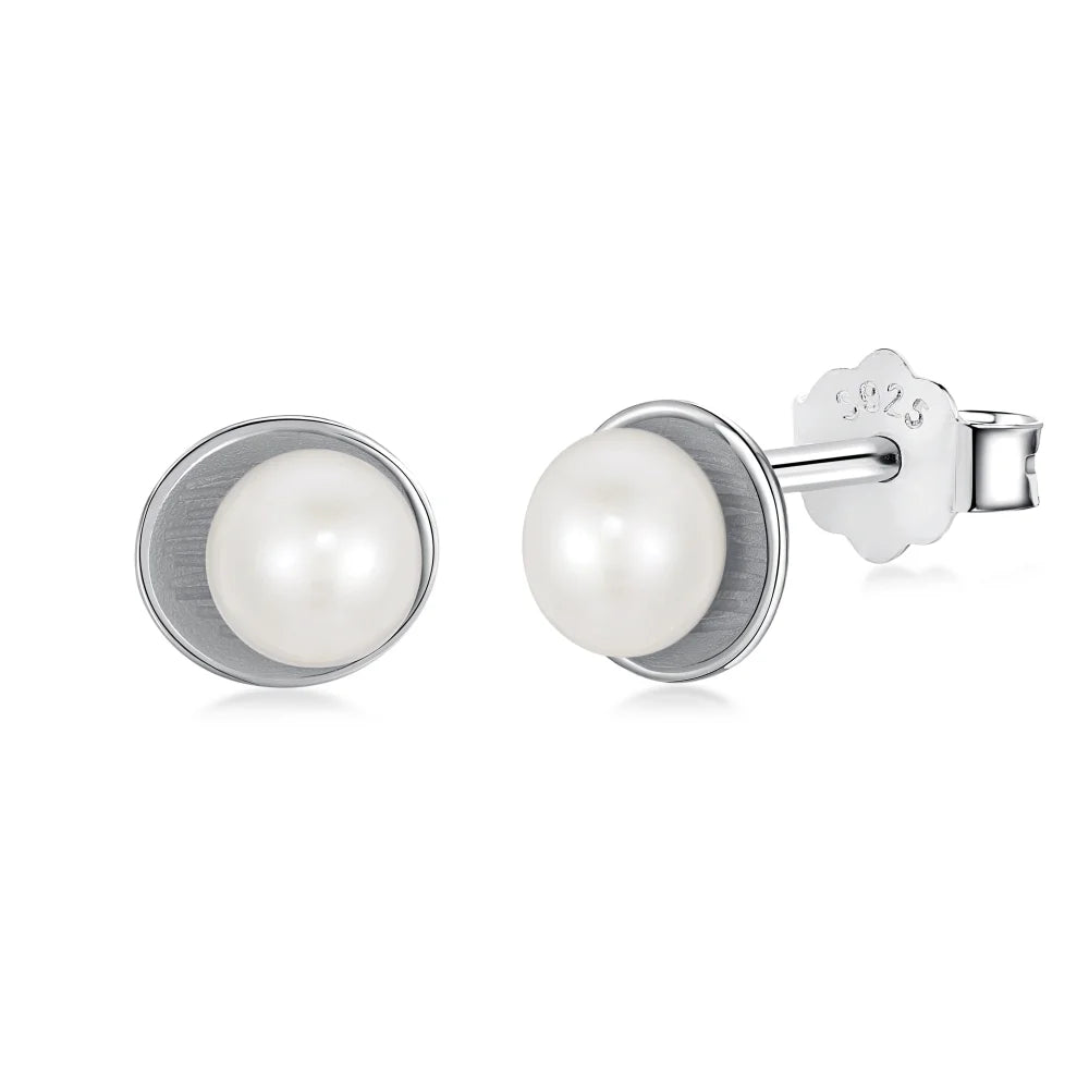 Silver Pearl Disc Ear Studs