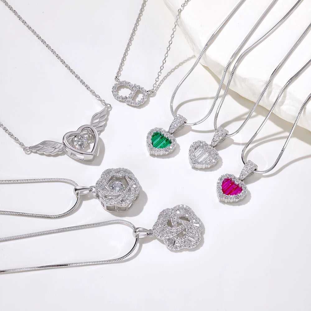 Silver Zircon Round Cut Heart Wings Bar Necklace