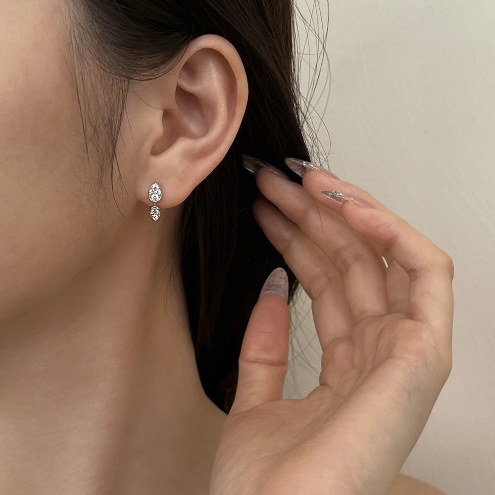 Silver Zircon Pear Cut Double Layer Drop Earrings