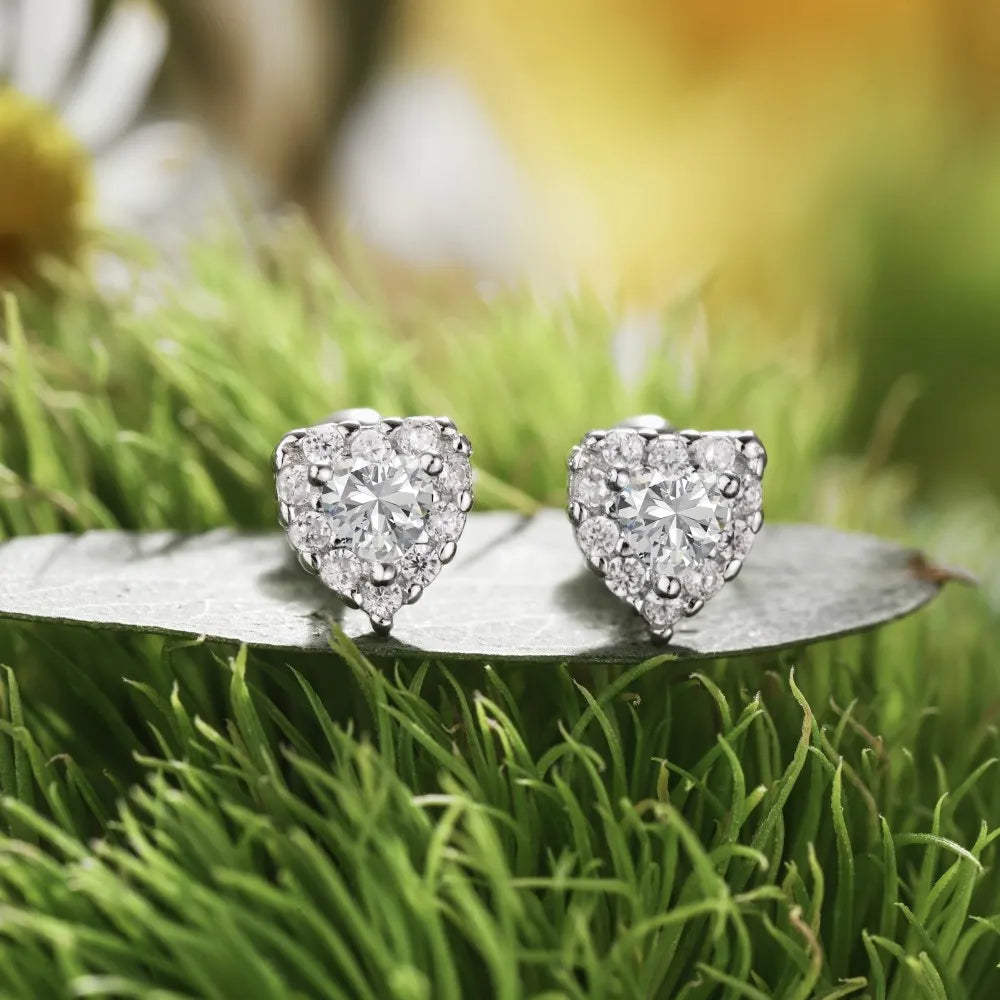 Silver Zircon Heart Cut Inlaid Halo Ear Studs