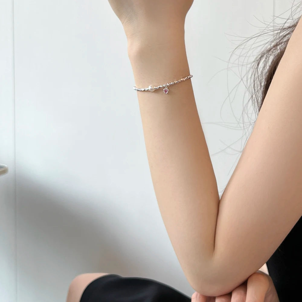 Silver Pearl Heart Beaded Bracelet
