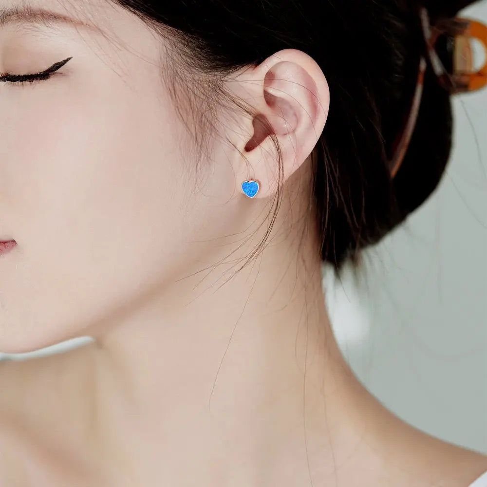 Silver Opal Heart Cut Simple Ear Studs