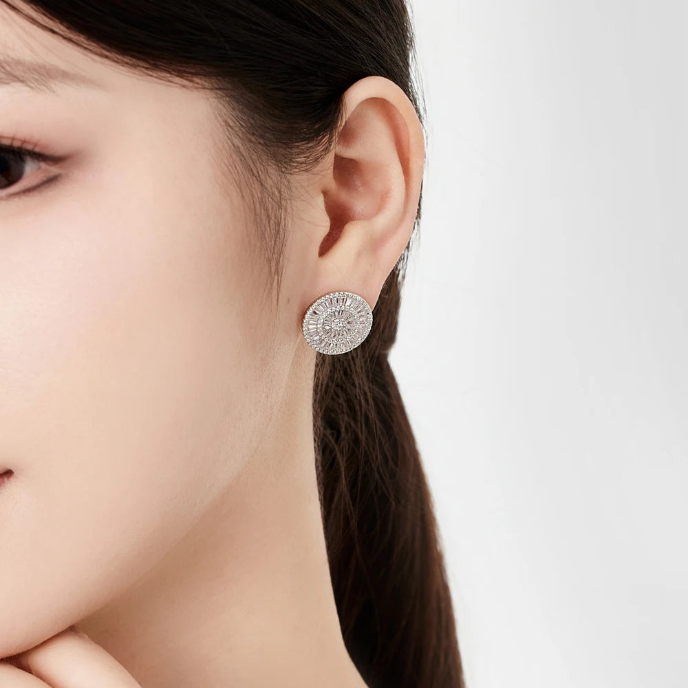 Silver Zircon Round Cut Iced Halo Ear Studs