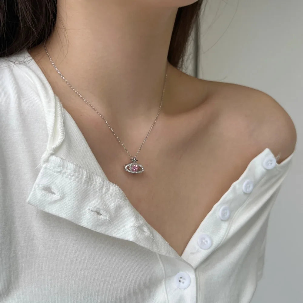 Silver Zircon Heart Cut Crossed Pendant Necklace