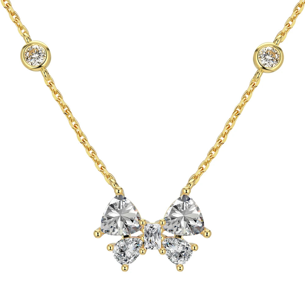 Silver Zircon Trillion Curved Cut Bow Pendant Necklace