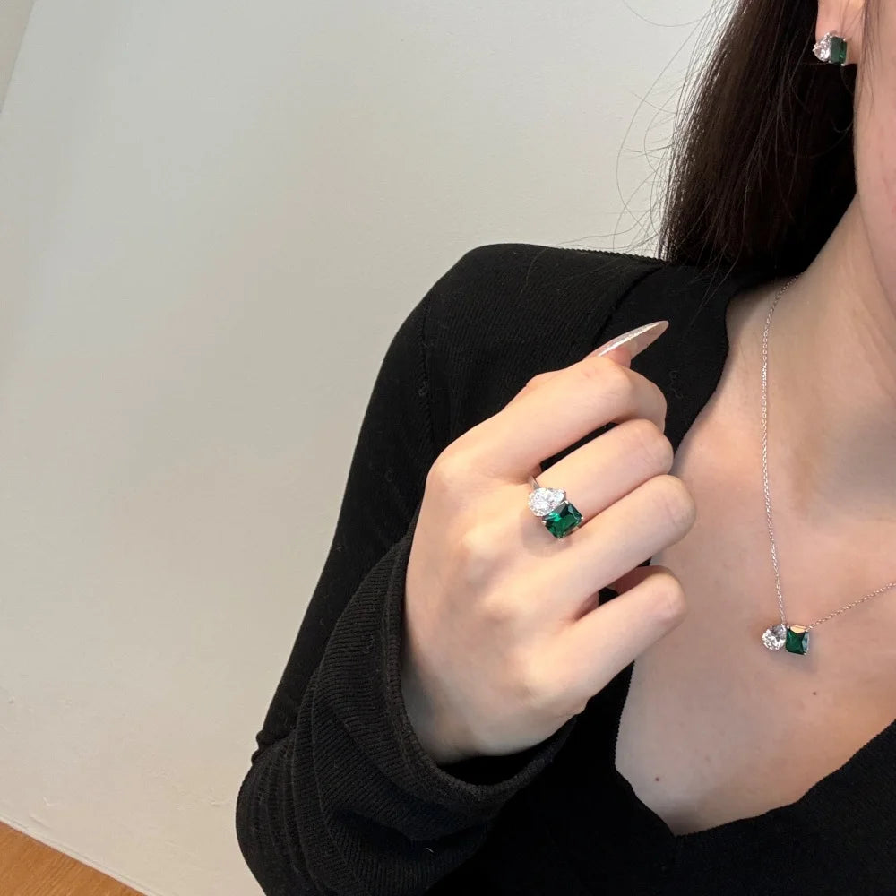 Silver Zircon Emerald Cut Toi Et Moi Pendant Necklace