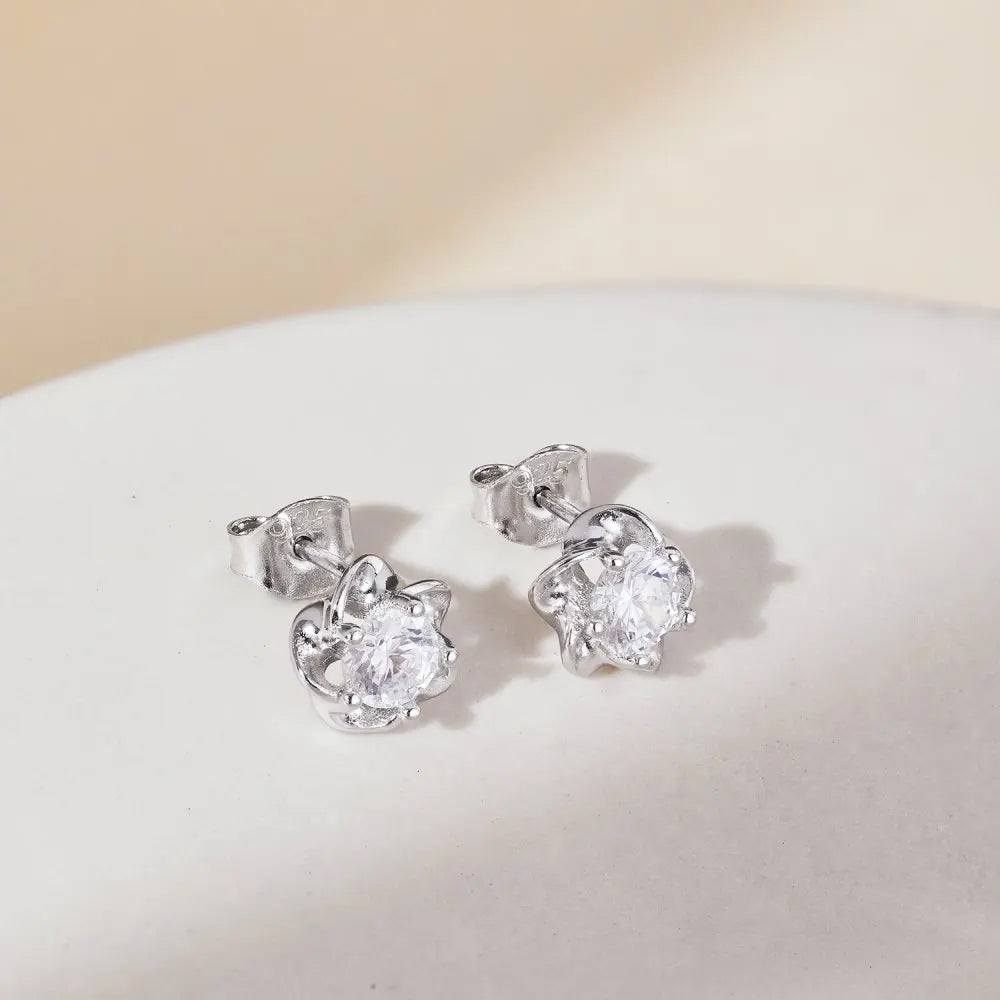 Silver Zircon Round Cut Sakura Flower Ear Studs