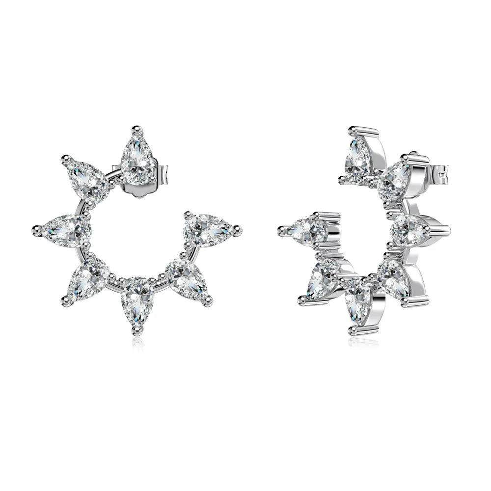 Silver Zircon Pear Cut Inlaid Layered Flower Ear Studs