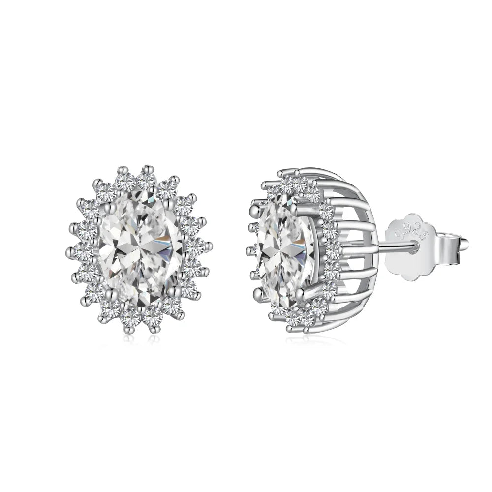 Silver Zircon Oval Cut Halo Flower Ear Studs