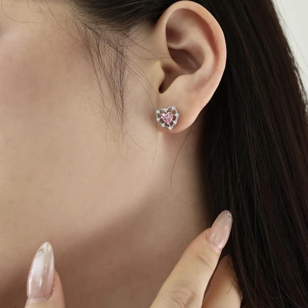 Silver Zircon Heart Cut Halo Multi Layer Ear Studs